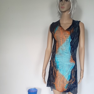 nuno felted dress, no seam dress, wool, silk fibers dress, OOAK Dress, x-small navy dress, hand made fabric dress