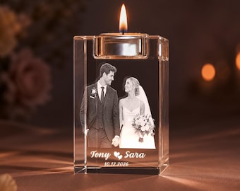 Personalized Photo Candle Holder, Custom Crystal Wedding Candle Holder, Engraved Couple Portrait Memorial Gift, Anniversary Keepsake Gift