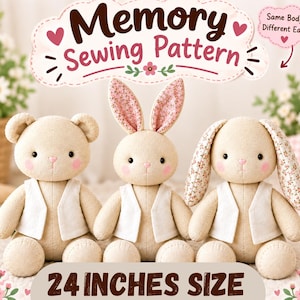 Puede incluir: Un patrón de costura para tres peluches, un oso y dos conejos, de 61 cm de altura. Los juguetes son de tela beige, tienen mejillas rosadas y visten chalecos blancos. El texto dice Memory Sewing Pattern y 24 INCHES SIZE.