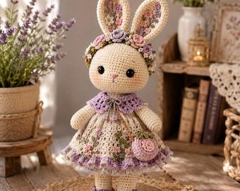 May include: A crocheted rabbit doll with cream-colored yarn, wearing a lavender dress with floral embroidery, a matching flower crown, and purple shoes. The rabbit has black eyes, pink cheeks, and carries a small round lavender purse with a strap.