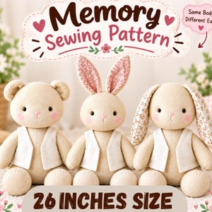 Puede incluir: Un patrón de costura de recuerdo para tres animales de peluche: un oso y dos conejos. Cada juguete mide 26 pulgadas, está hecho de tela beige, usa un chaleco blanco y tiene mejillas rosadas. El texto dice Memory Sewing Pattern y 26 INCHES SIZE.