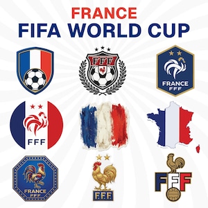 以下が含まれることがあります： 「FRANCE FIFA WORLD CUP」の文字、フランス国旗のデザイン、サッカーボール、FFFの頭字語、雄鶏のエンブレムが描かれた、青、白、赤、金のカラーパレットによるフランスFIFAワールドカップをテーマにした9つのグラフィックのコレクション。