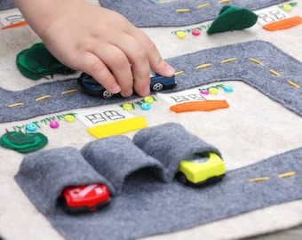 Road Playmat - Felt Handmade Toy - Fold Up Car Track - Road Map Pretend Play - Gender Neutral - Foldable playmat - Garage and Cars