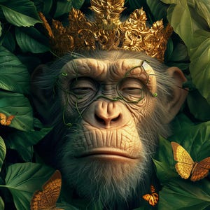 Puede incluir: Un chimpancé con los ojos cerrados lleva una corona dorada ornamentada, rodeado de un exuberante follaje verde y varias mariposas naranjas. Finas enredaderas verdes se extienden sobre el rostro del chimpancé, centrado entre las hojas.