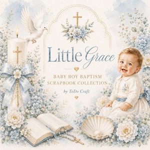 Little Grace Baby Boy Dop Scrapbook Kit, Akvarellpapper & Element, Digital Nedladdning
