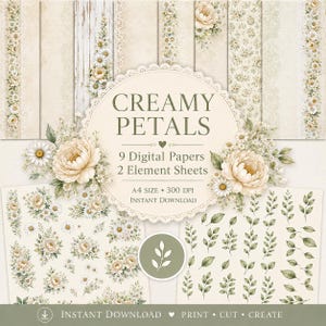 Puede incluir: Una colección de papeles digitales y hojas de elementos titulada Creamy Petals, con fondos de color crema e ilustraciones de margaritas blancas, peonías de color amarillo pálido y hojas verdes. El set incluye 9 papeles y 2 hojas de elementos.