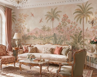 May include: A wall mural featuring a tropical landscape with palm trees, flowering plants, and birds in muted pink, green, and beige tones. The mural serves as a backdrop for a living room with a beige sofa, two armchairs, and a marble coffee table.