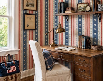 Americana Stars and Stripes Wallpaper: Vintage Red Blue Stripe Pattern