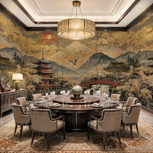 May include: A large round dark wood dining table with a central rotating tray, surrounded by eight upholstered chairs. Above hangs a multi-tiered circular chandelier. The room features a wall mural depicting a mountain, pagoda, and bridge.