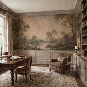 Vintage Landscape Panoramic Wall Mural: Sepia Neutral Peel and Stick Wallpaper