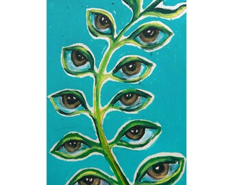 シュールな目と花のアートプリント｜植物画の壁掛けアート、マットな高級紙、サイケデリックな花柄ポスター