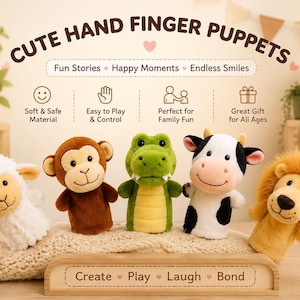 May include: A set of five plush finger puppets featuring a white sheep, a brown monkey, a green crocodile, a black and white cow, and a golden lion. The image includes text: CUTE HAND FINGER PUPPETS, Fun Stories, Happy Moments, Endless Smiles, Bring Imagination to Life!, and Create, Play, Laugh, Bond.