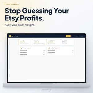 Puede incluir: Un panel de control de beneficios digitales para vendedores de Etsy que se muestra en la pantalla de un portátil. La interfaz muestra métricas financieras que incluyen ingresos totales, costes, beneficio neto y márgenes de beneficio.