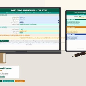 May include: A digital Smart Travel Planner 2026 interface displayed on a large monitor and a tablet. The screen shows trip details, KPI metrics, and budget itineraries for Tokyo. Includes labels for Microsoft Excel and Google Sheets compatibility.