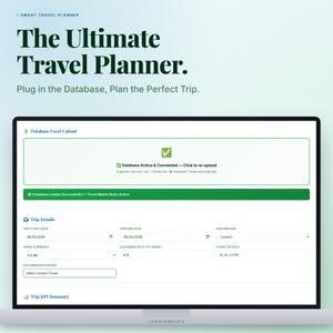 May include: A digital travel planner interface displayed on a screen. The header reads The Ultimate Travel Planner. The dashboard shows a Database Excel Upload section with a green checkmark, trip details including dates, London destination, and currency.