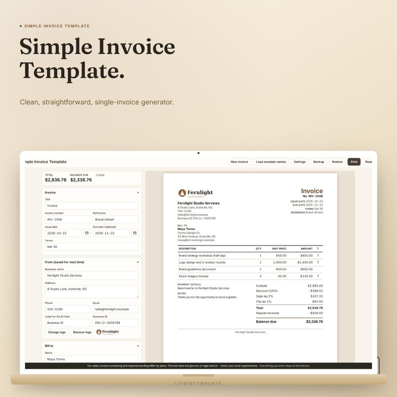 Simple Invoice Template With Editable Business Forms and Printable ...
