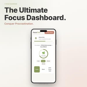 Puede incluir: Un teléfono inteligente que muestra la interfaz de la aplicación Focus Flow con un panel de control de logros semanales, un temporizador de 15 minutos y botones de pausa, reinicio y bóveda de enfoque. El texto en pantalla dice The Ultimate Focus Dashboard.