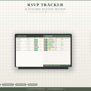 May include: A digital RSVP tracker and dynamic seating matrix displayed on a monitor and smartphone screen. The interface features a guest list with RSVP status, table assignments, and capacity bars. Text includes RSVP TRACKER & DYNAMIC SEATING MATRIX.
