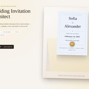 May include: A digital interface for a Wedding Invitation Architect featuring text that reads Wedding Invitation Architect, Sofia & Alexander, February 14, 2025, and Export to PDF - print-ready A5. A light blue invitation card sits above a cream envelope.