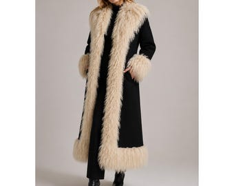 Vintage Penny Lane Mantel aus den 1970er Jahren | Afghanischer Langmantel | Shearling-Mantel | Schwarzer Wildledermantel mit cremefarbenem Kunstpelz