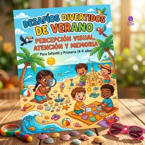 Peut inclure: Un livre intitulé Desafíos Divertidos de Verano illustrant une scène de plage colorée avec des enfants jouant dans le sable, des palmiers, un soleil et des vagues. La couverture présente des coquillages, une loupe et des oiseaux.