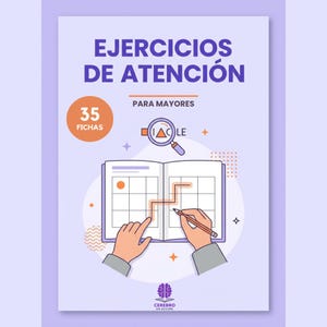 May include: A light purple educational activity book cover titled EJERCICIOS DE ATENCIÓN PARA MAYORES with 35 FICHAS. The illustration shows hands using a pencil on a grid inside an open book, with a magnifying glass icon and CEREBRO EN ACCIÓN text.