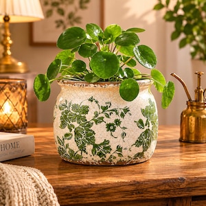 May include: A round ceramic planter with a cream-colored crackle glaze finish and a green floral pattern. The planter holds a Pilea peperomioides plant with numerous round, dark green leaves extending outward from the center of the pot.