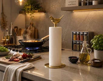 Gold Bird Paper Towel Holder, Farmhouse Decor Countertop Stand