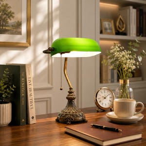 Green Glass Desk Lamp Home Office Reading Light Adjustable Shade Library Decor Accent