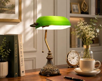 Green Glass Desk Lamp Home Office Reading Light Adjustable Shade Library Decor Accent