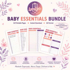 Puede incluir: Un paquete digital de artículos esenciales para bebés con 32 páginas imprimibles en formato A4 con detalles florales en rosa y morado. Las páginas incluyen varios rastreadores y listas de verificación con encabezados como Baby Essentials, casillas y columnas.