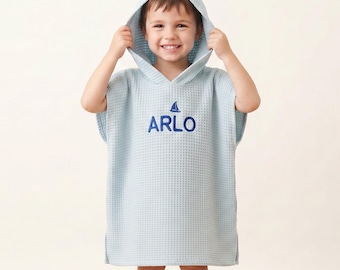Toalla de playa con capucha personalizada / Cubrebaño de algodón gofrado / Bata de baño infantil con nombre personalizado / Regalo para la piscina y la playa