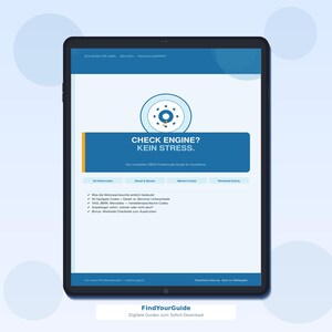 May include: A digital tablet displaying a blue and white informational guide titled CHECK ENGINE? KEIN STRESS. The screen features a car engine warning light icon, a list of OBD2 diagnostic topics, and a checklist for vehicle owners to download.