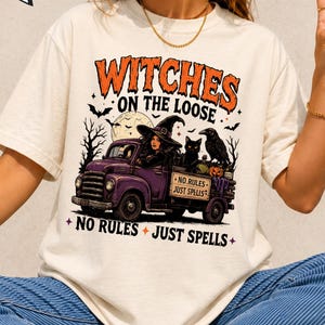 Häxor på lösvikt-tröja, inga regler bara trollformler-tröja, vintage Halloween-häxtröja, retro häxlastbilsgrafik, läskig säsong-tröja