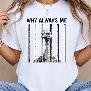 May include: A white short-sleeve t-shirt featuring a black graphic print of an ostrich head positioned behind vertical prison bars. Above the ostrich, the text WHY ALWAYS ME is printed in a bold, black, sans-serif font centered on the chest.