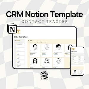 May include: A digital CRM Notion template for contact tracking displayed on a tablet and smartphone screen. The interface features a list of companies and a grid of client profiles with black and white illustrations, names, and contact details.