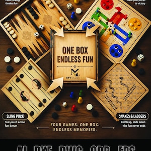 Peut inclure: Un ensemble de jeux en bois comprenant quatre plateaux distincts pour le backgammon, le ludo, le sling puck et les serpents et échelles. La boîte centrale affiche le texte ONE BOX ENDLESS FUN et MYStudioHub, avec des pions et des dés.