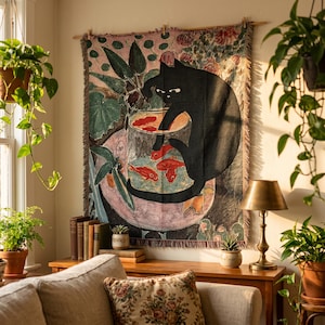 Schwarze Katze gewebt Wandbehang | Goldfisch-Katzen-Decke | Cottagecore Wandteppich | Maximalist Katze Dekor | Gewebte Decke 130 x 160 cm