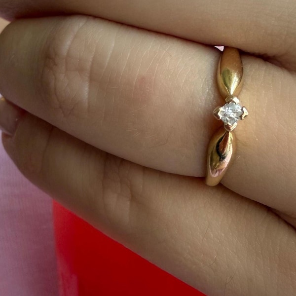 Vintage 14k Gold Natural Diamond Solitaire Ring | Dainty Yellow Gold Promise Ring | Estate Engagement Ring | Size 4.75