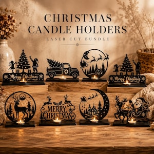 May include: A collection of eight black laser-cut Christmas candle holders featuring silhouettes of Santa, reindeer, trees, and the text Merry Christmas. Each piece includes a base with a small lit tea light candle, arranged on a wooden surface.