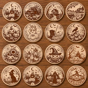 May include: A set of sixteen circular wooden coasters featuring brown laser-engraved Halloween illustrations including pumpkins, witches, ghosts, black cats, haunted houses, and lanterns. One coaster displays the text Hey Y'all and another Welcome.