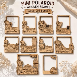 May include: A collection of ten laser-cut wooden frames in a square Polaroid shape, featuring engraved illustrations of children with school supplies and German text such as 'Meine Einschulung' and 'Mein 1. Schultag' for school-themed photo displays.