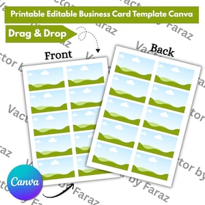 May include: A printable editable business card template for Canva featuring a landscape graphic of green rolling hills under a blue sky with white clouds. The layout displays front and back sides with a drag and drop indicator arrow.