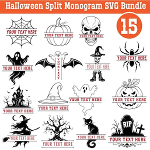 Könnte beinhalten: Eine digitale Sammlung von 15 Halloween-Split-Monogramm-SVG-Designs mit schwarzen grafischen Illustrationen von Spinnennetz, Kürbis, Totenkopf, Geist, Fledermaus, Hexenhut, Spinne, Spukhaus, Jack-o'-Lantern, Katze und Grabstein mit Text.
