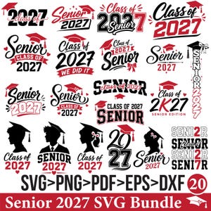 May include: A collection of twenty digital graphic designs featuring the text Senior 2027 and Class of 2027 in various fonts, accompanied by illustrations of graduation caps, silhouettes of graduates, hearts, and bows in black and red.