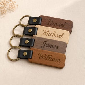 Personalized Wooden Keychain Custom Engraved Name Bag Tag Leather Loop Travel Gift