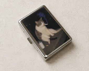 Smoker Smoking Cat Cigarette Case Wallet Business Card Holder