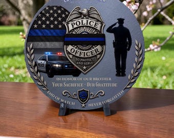 Targa commemorativa della polizia "Thin Blue Line" - Omaggio all'agente caduto in servizio - Regalo commemorativo per le forze dell'ordine - Ricordo personalizzato - Esposizione in onore