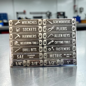 May include: A rectangular metal sign featuring a grid of labels for tools including wrenches, screwdrivers, sockets, pliers, hammers, allen keys, measuring tools, cutting tools, drill bits, and fasteners, with SAE and metric measurement indicators.