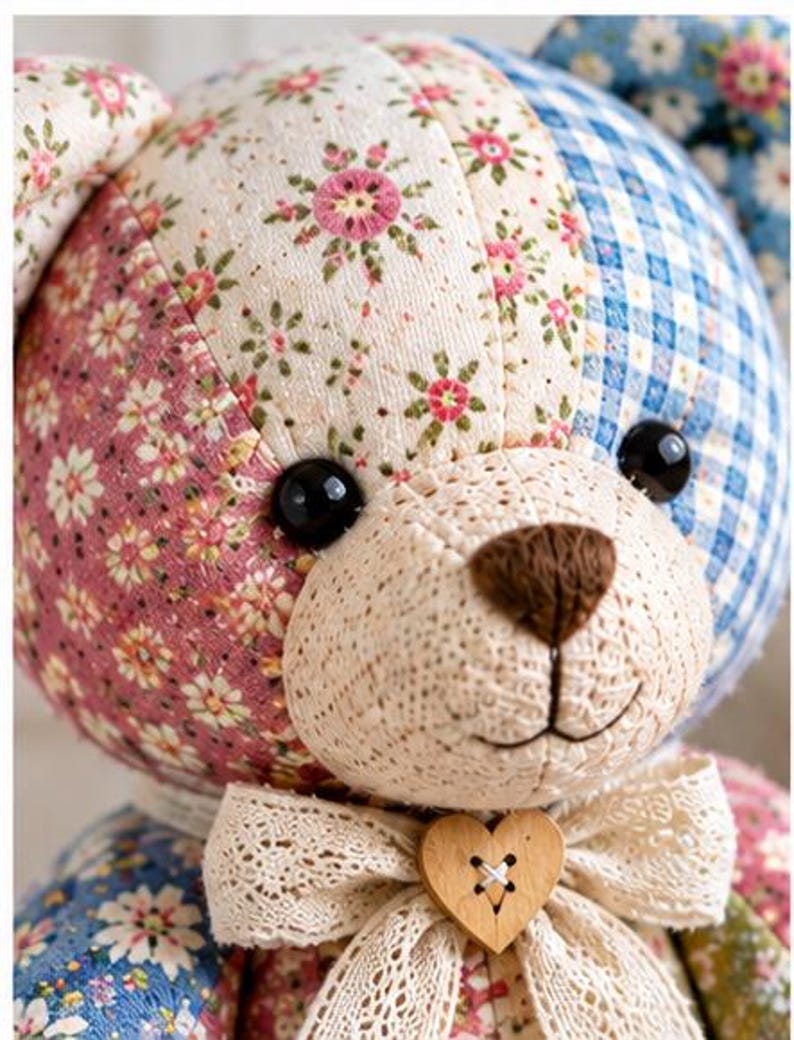 K&ouml;nnte beinhalten: Ein Stoffb&auml;r aus verschiedenen Stoffst&uuml;cken mit Blumenmustern, blauem Vichy-Karo und cremefarbenen Abschnitten. Der B&auml;r hat schwarze Kunststoffaugen, eine braun gestickte Nase und eine Spitzenschleife mit einem h&ouml;lzernen Herzknopf am Hals.